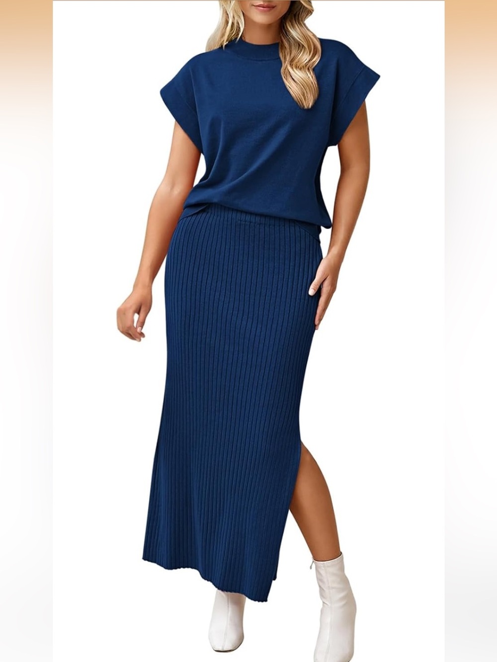 Ribbed Knit Maxi Skirt set women two piece small summer outfit blue